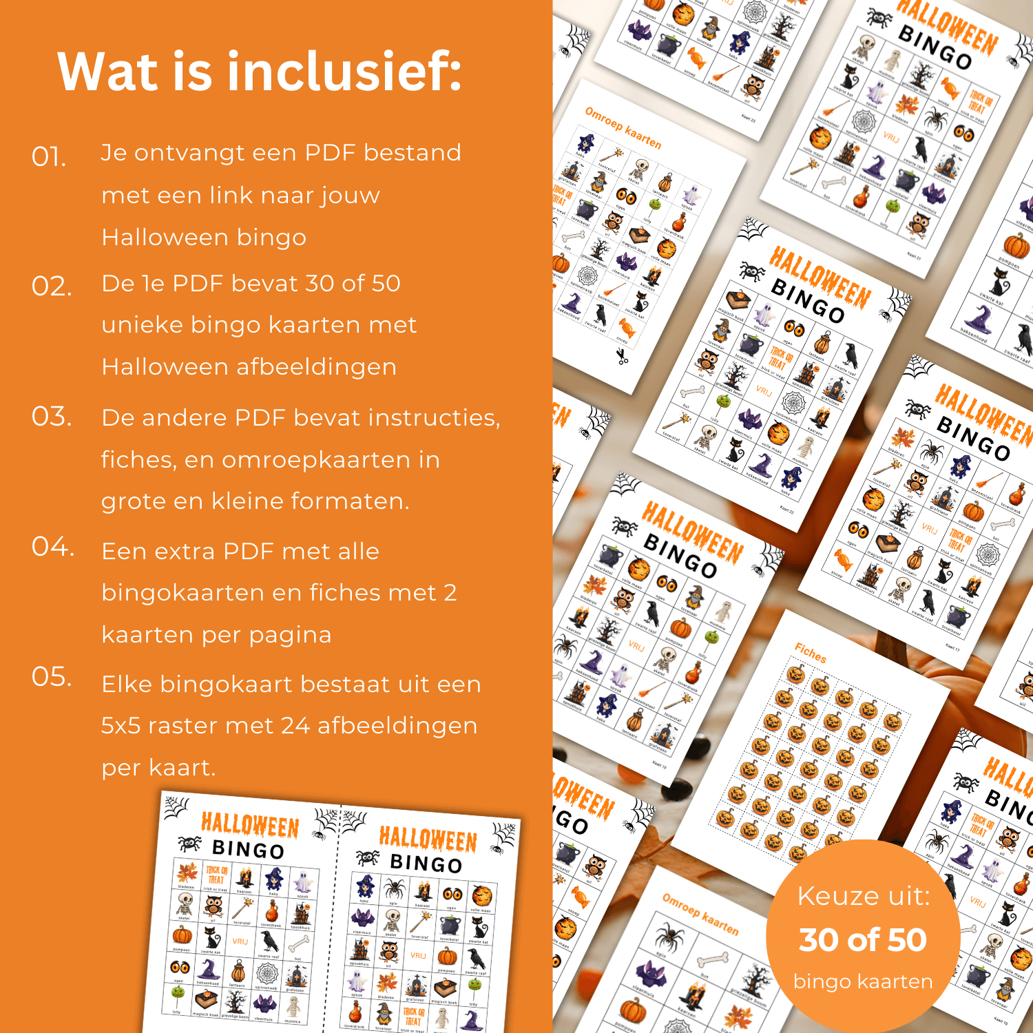 Print eenvoudig Halloweenbingo kaarten om direct te spelen, 30 of 50 kaarten