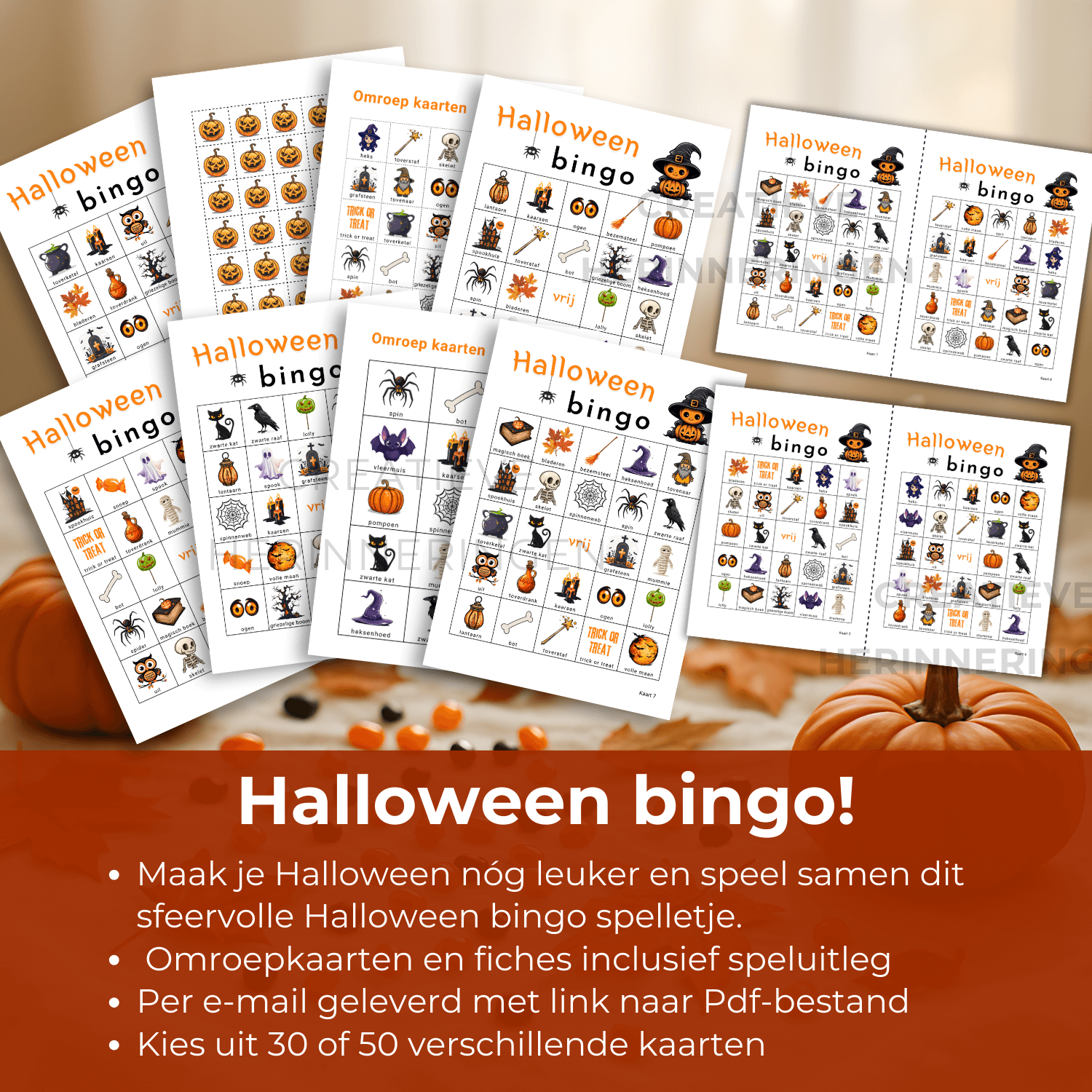 Halloween spelletjes bingo met 30 of 50 unieke bingokaarten