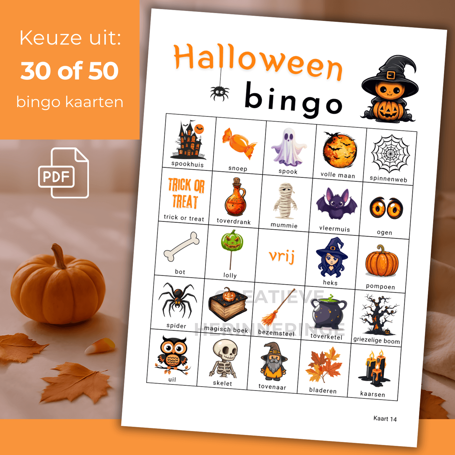 Halloween spelletjes bingo PDF met 30 unieke kaarten om te printen