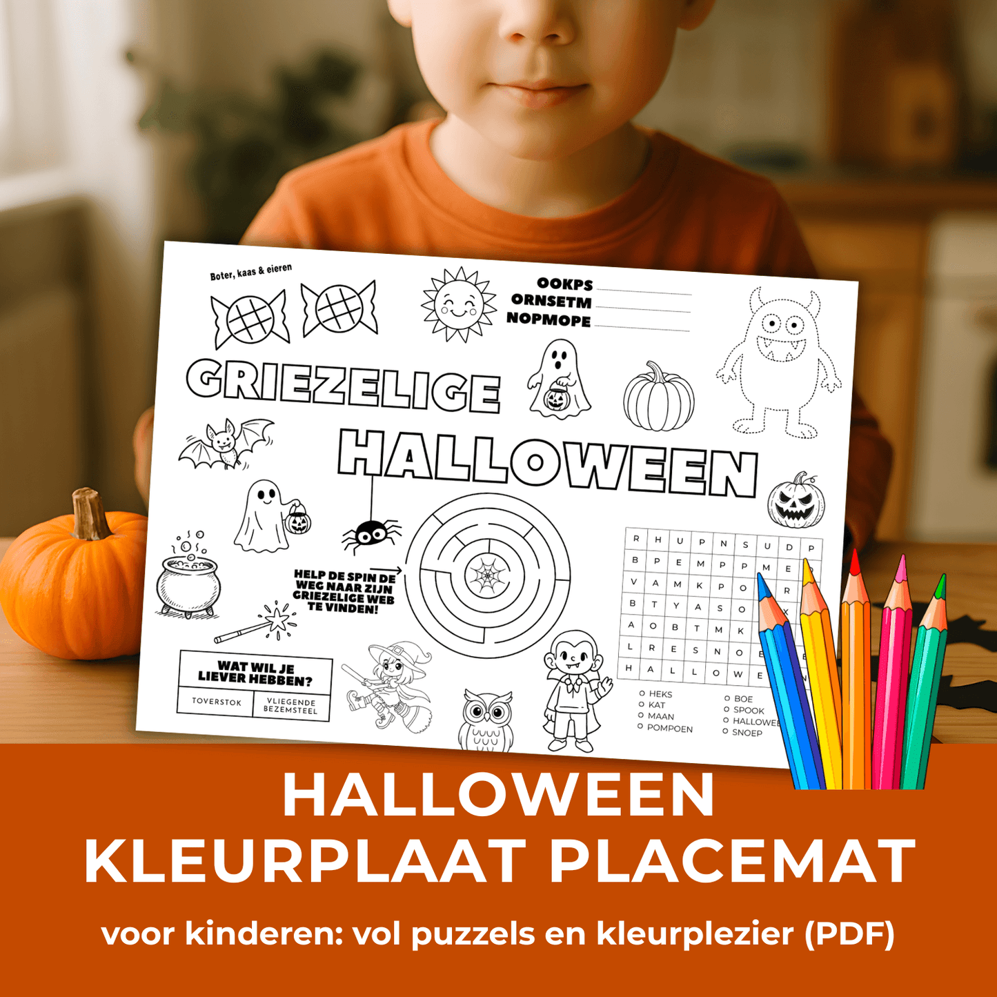 Halloween placemat met Halloween spelletjes en puzzels voor kinderen