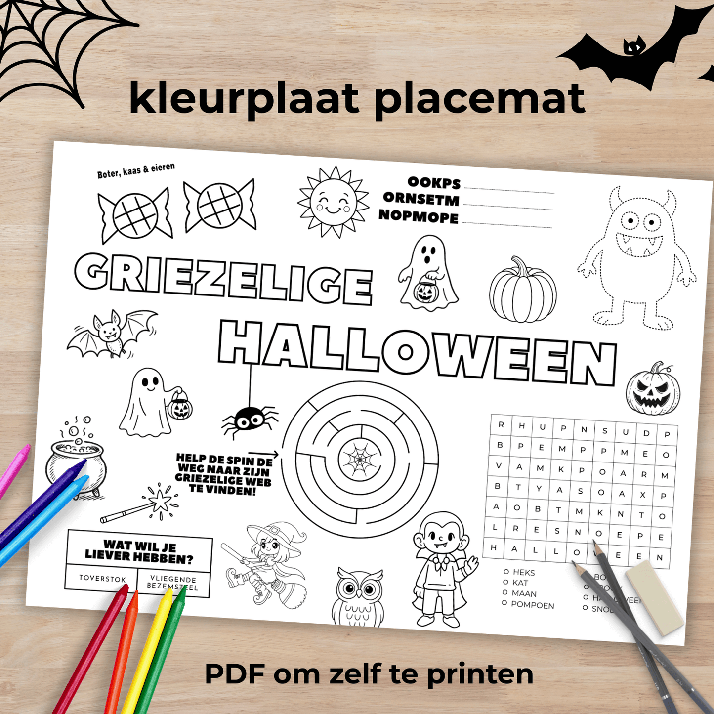 Placemat met Halloween spelletjes en spelletjes voor kinderen