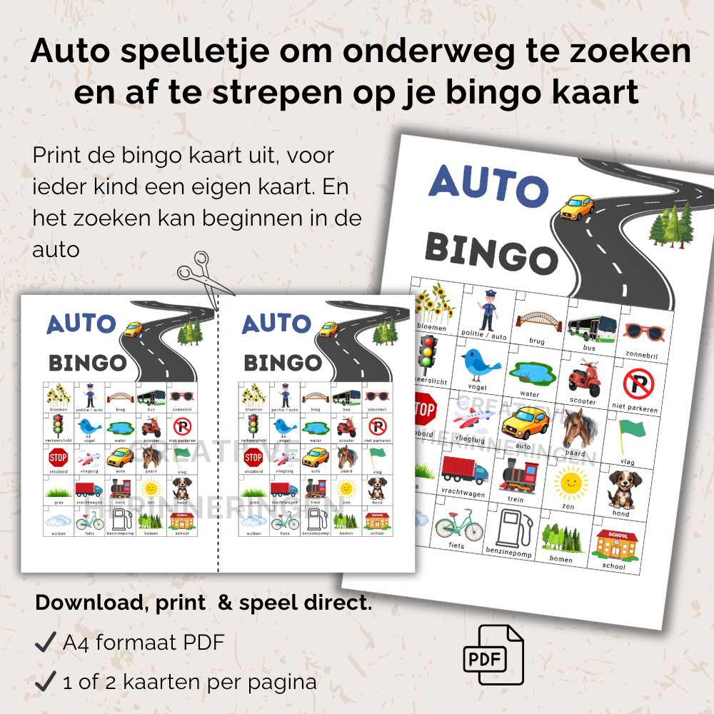 Uit te printen auto spelletje afstreepkaart met herkenbare afbeeldingen voor onderweg bingo met kinderen in de auto.