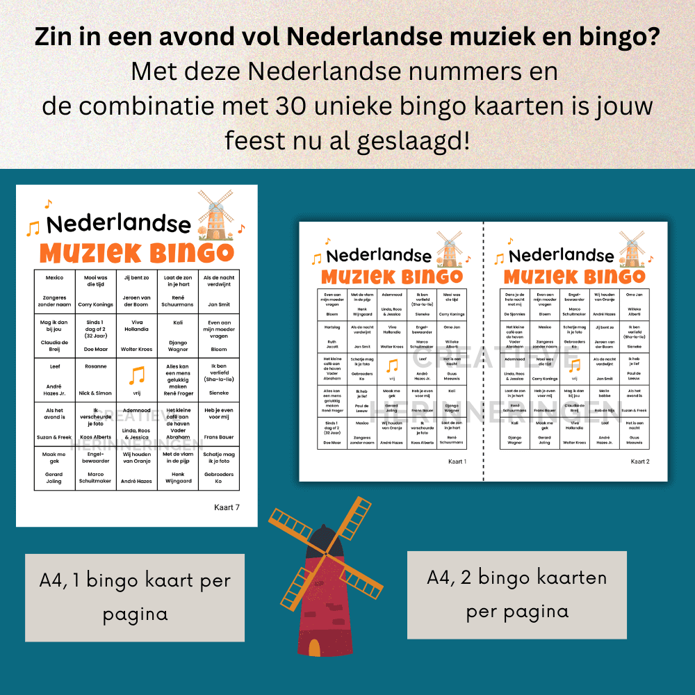 Nederlandse muziek en bingo gecombineerd in dit muziek spel, met 30 unieke kaarten