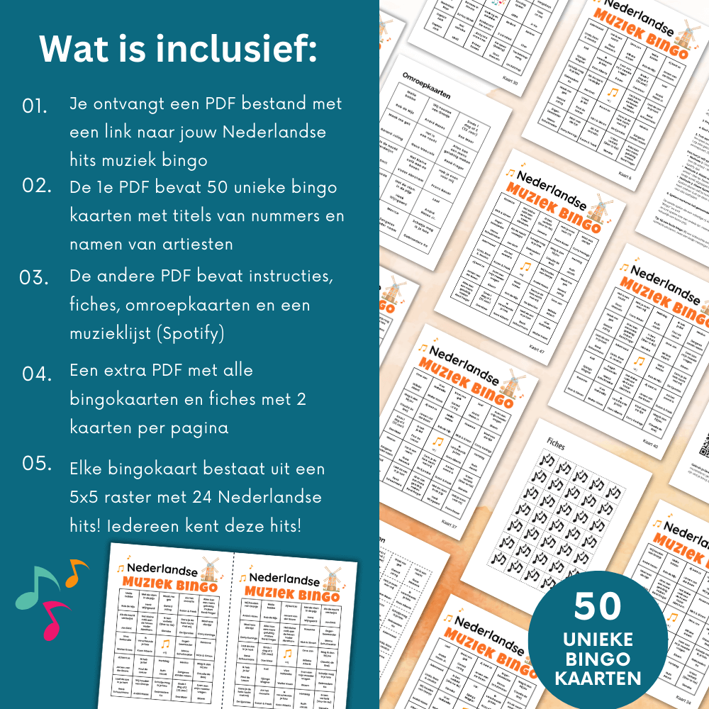 Muziek spel van digitale bingo met Nederlandse liedjes voor groepen tot 50 personen
