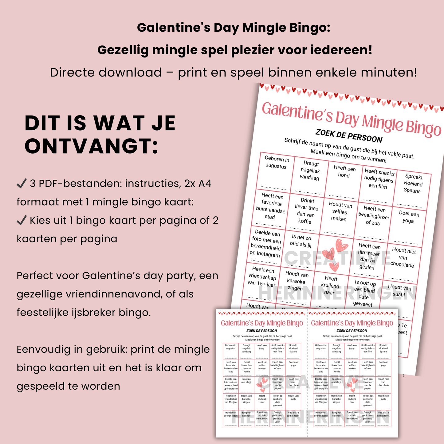 Digitale mingle bingo kaarten voor Galentine vriendinnenavond