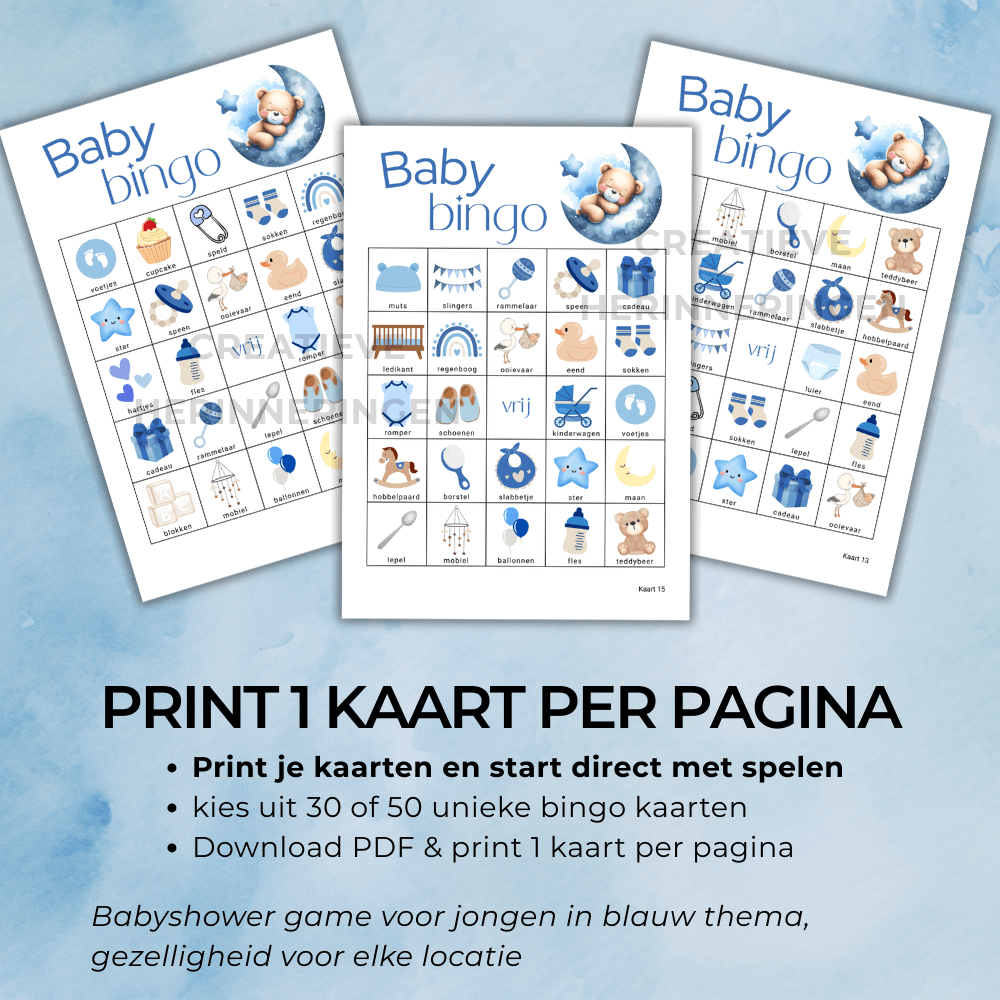 Jongens babyshower bingo in blauw teddybeer thema, ideaal voor vrienden en familie