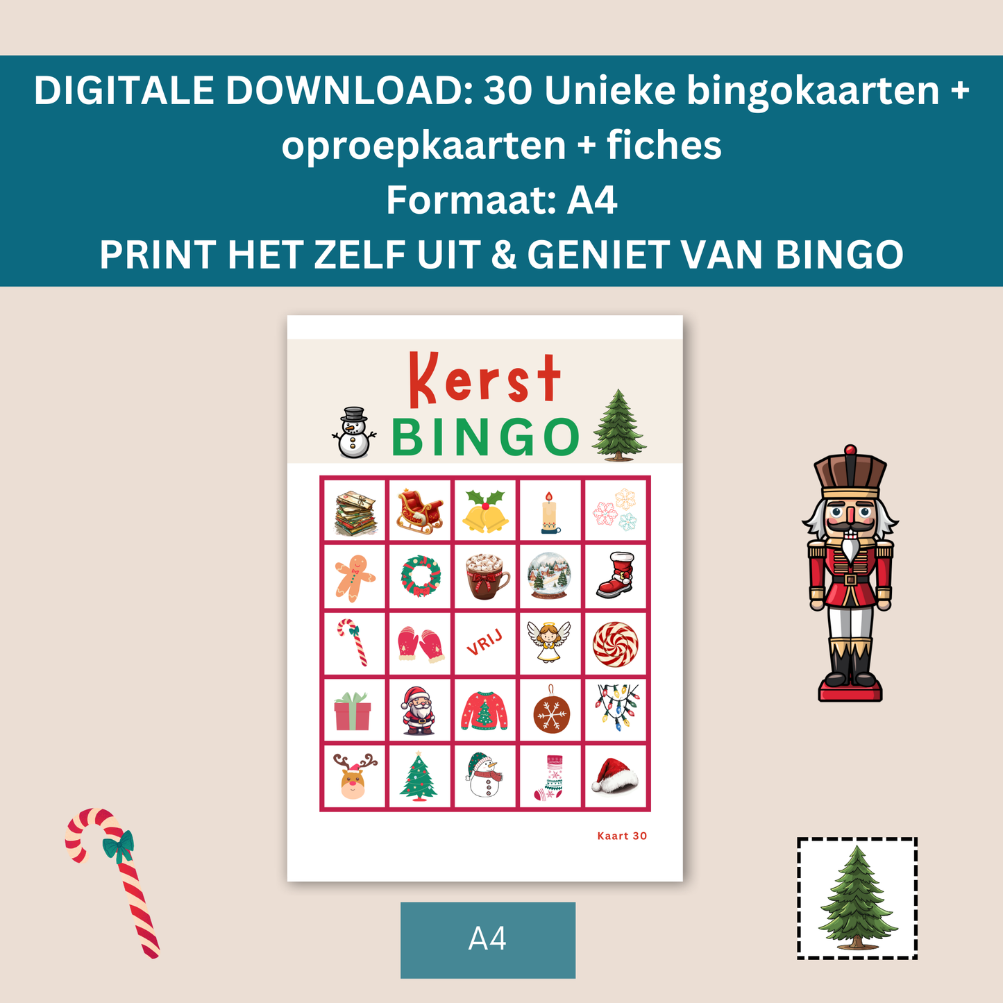 Kerst spelletjes: kerst bingo met plaatjes voor jong en oud (digitale download)