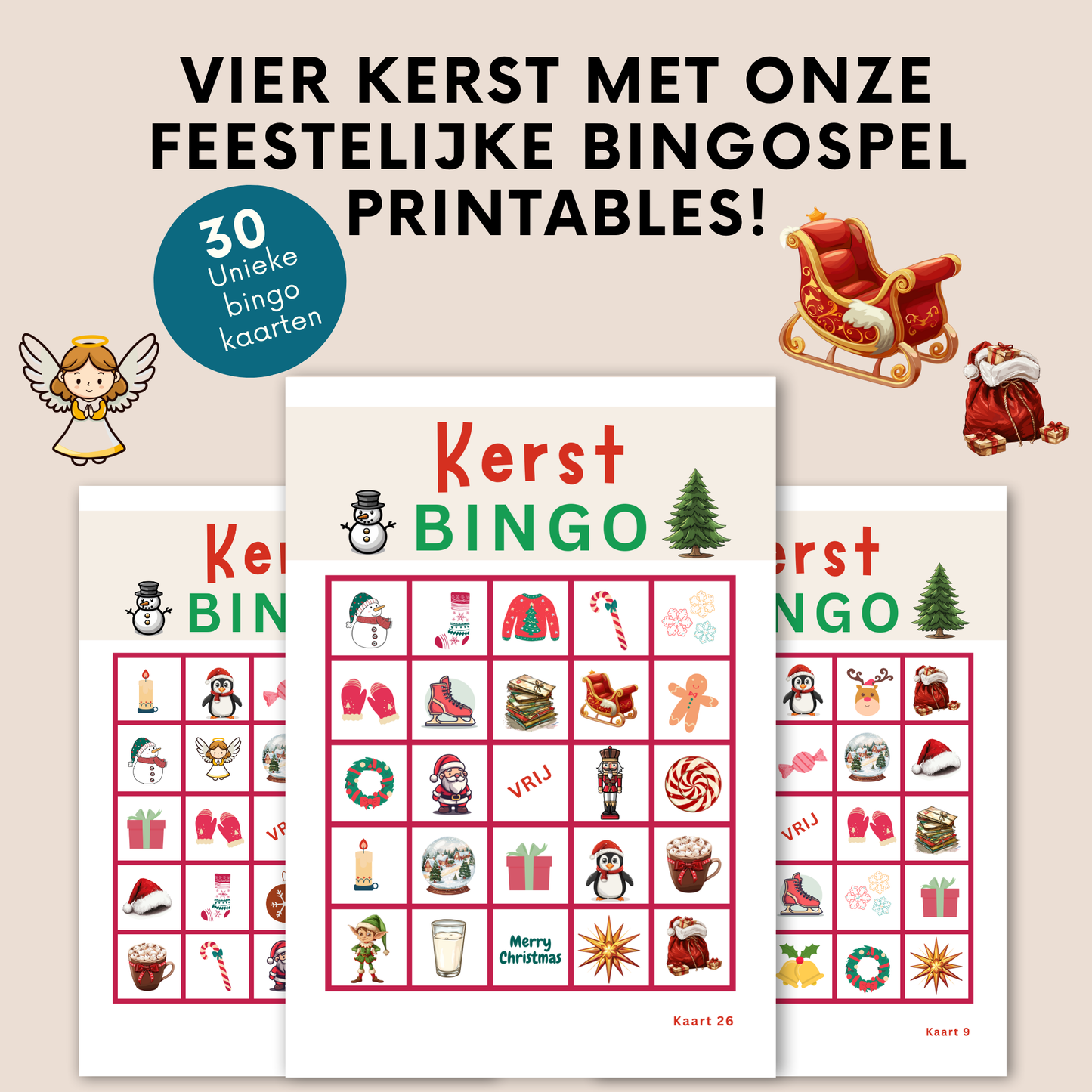 Kerst spelletjes: kerst bingo met plaatjes voor jong en oud (digitale download)
