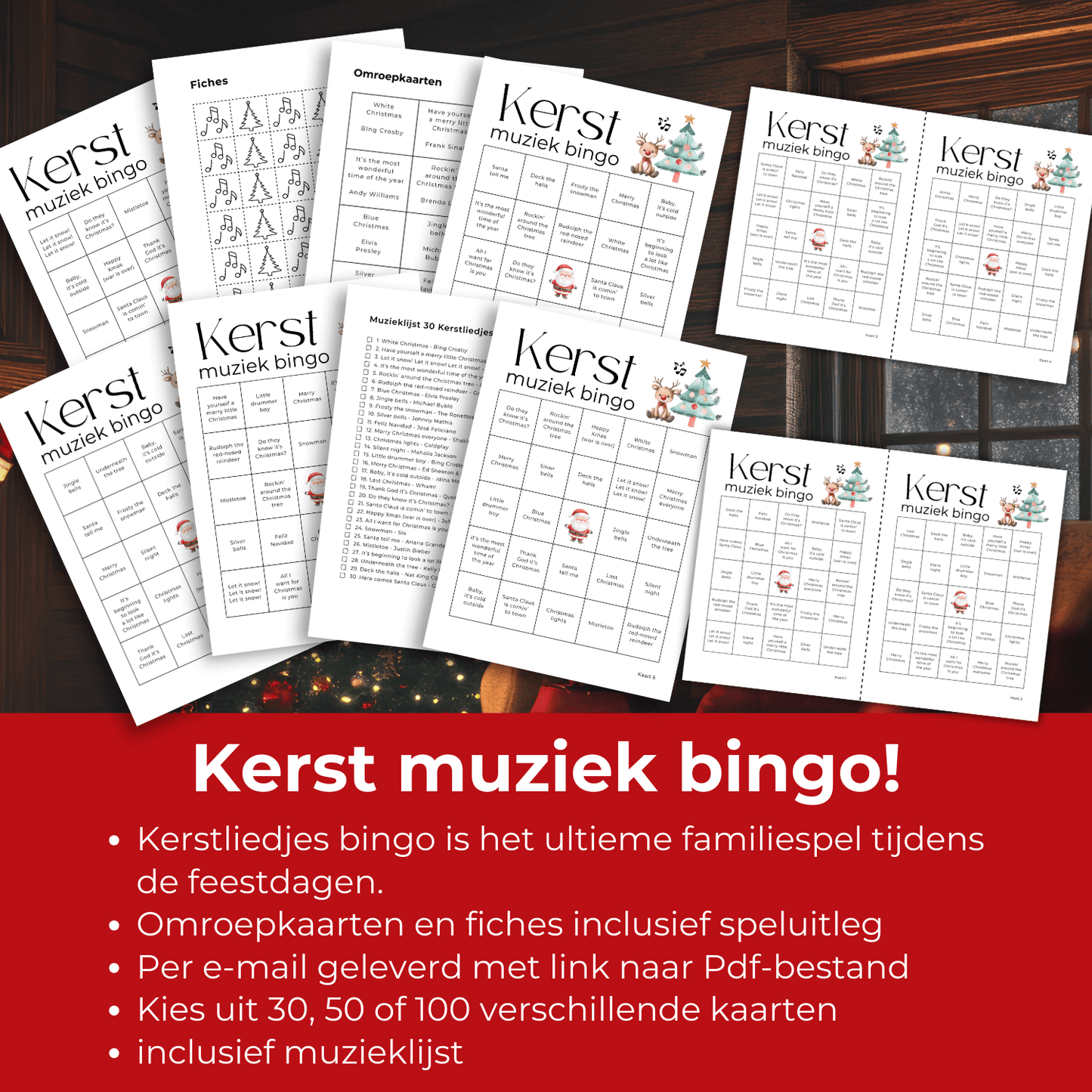 Kerstliedjes bingo met 30, 50 of 100 kaarten