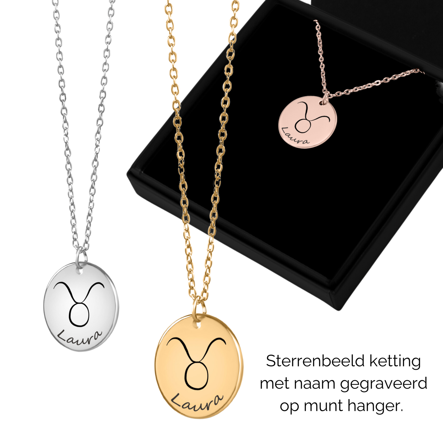 Sterrenbeeld ketting met naam gegraveerd op munt hanger