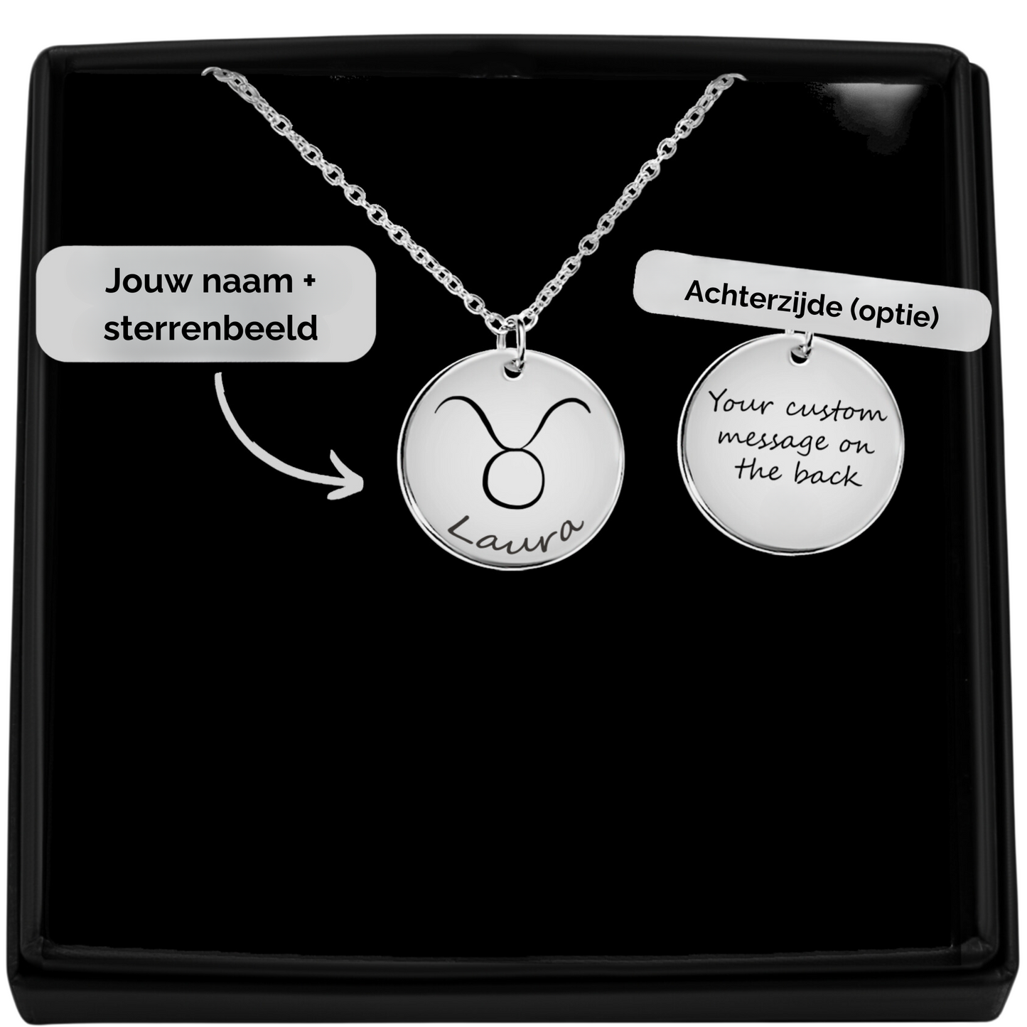 Sterrenbeeld ketting met naam gegraveerd op munt hanger