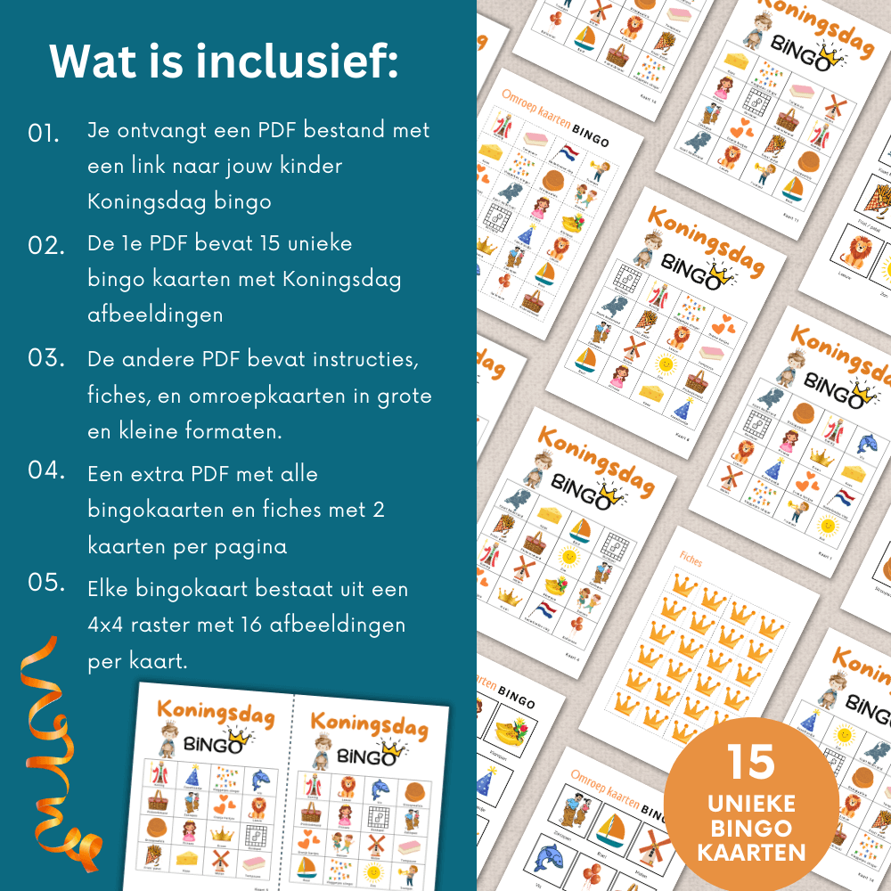 Leuke kinder bingo met Koningsdag thema: een feestelijke activiteit voor jong en oud, 15 kaarten.
