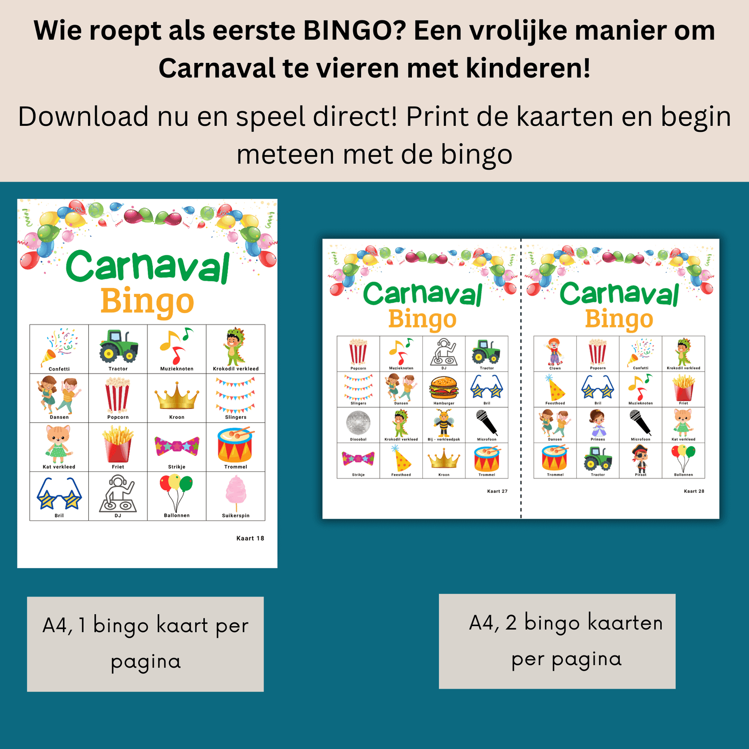 Carnaval vieren op basisschool met bingo: print en speel deze leerzame bingo met 30 kaarten