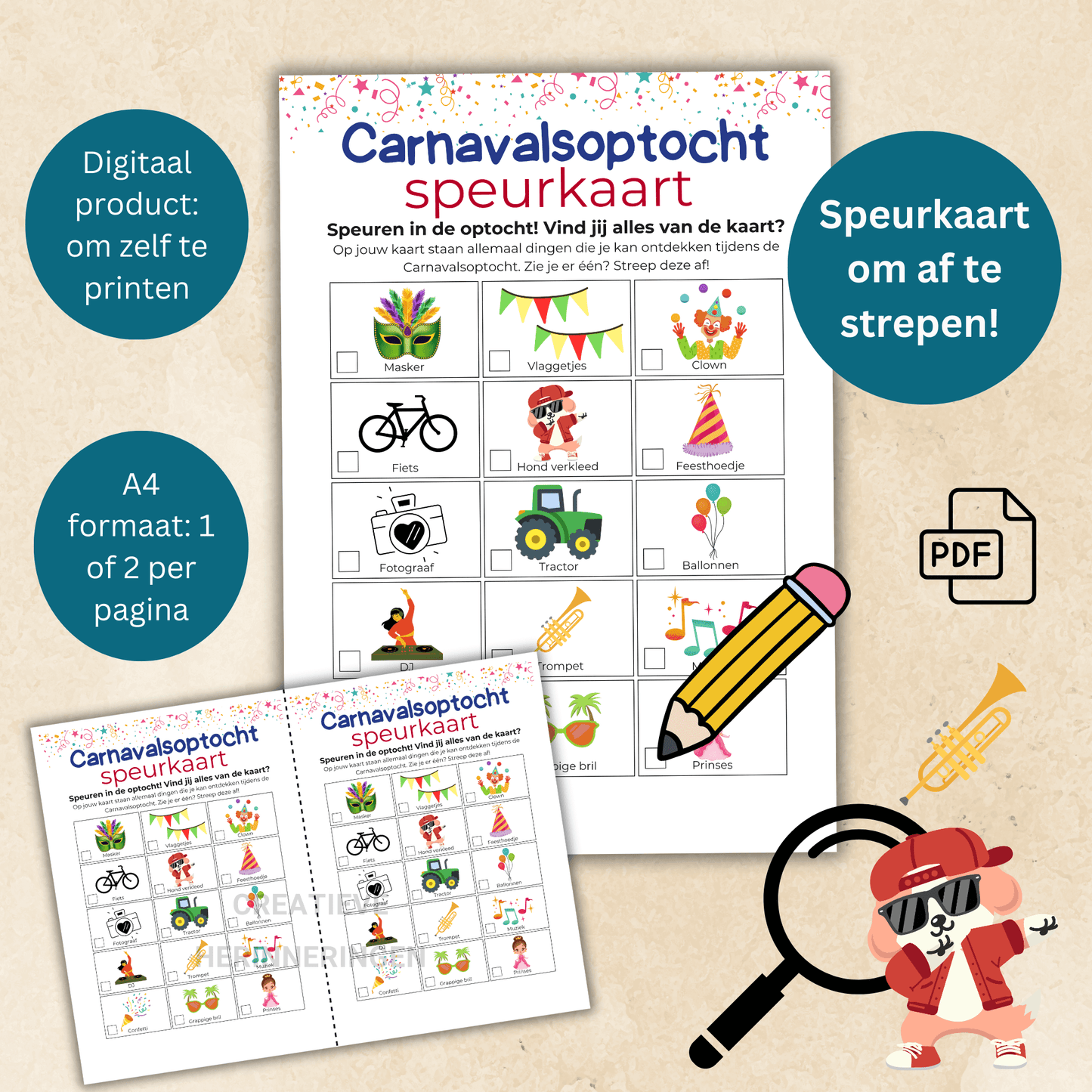 Leuke activiteit voor kinder Carnaval: een speurkaart vol verrassingen om te zoeken tijdens Carnavals optocht.