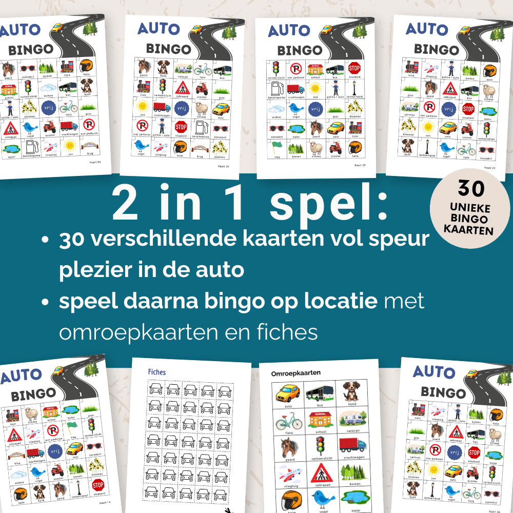 Afstreepkaart voor in de auto, leuk als activiteit tijdens een kinderuitje. 30 verschillende bingo kaarten