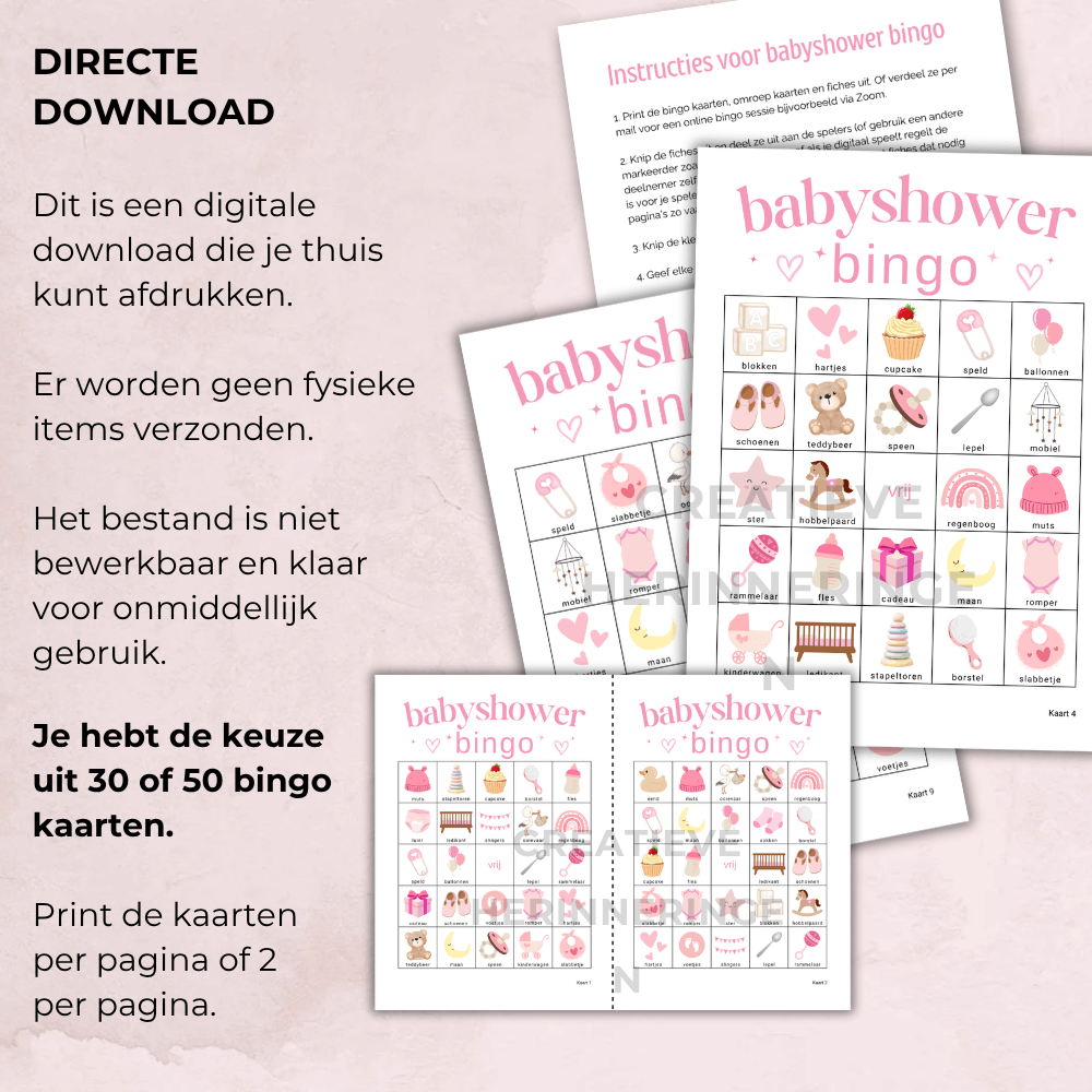 Roze babyshower bingo spel als verrassing voor je vriendin of zus