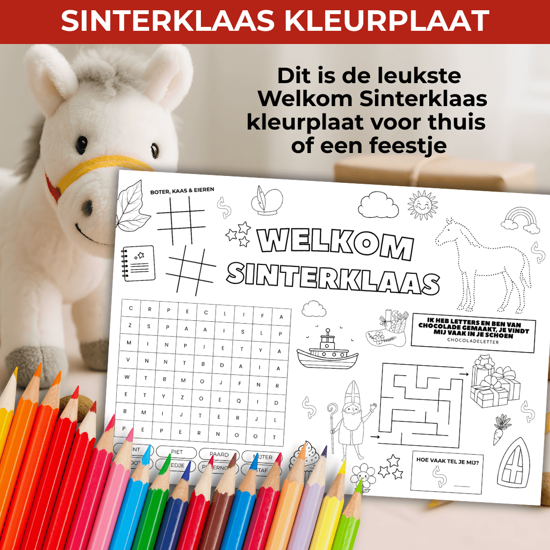 Sinterklaas kleurplaat placemat vol met afbeeldingen en puzzels en het paard van Sinterklaas