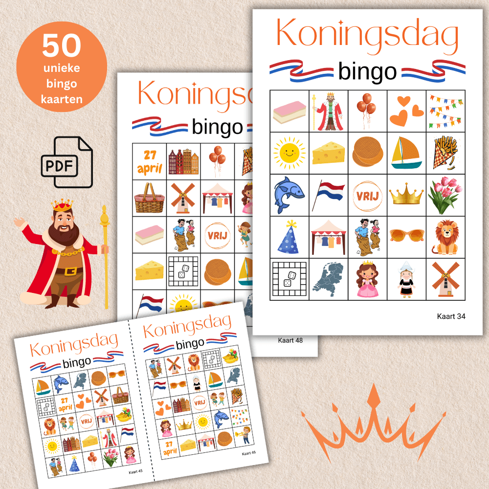 Bingo spel voor Koningsdag: 50 uit te printen kaarten voor een feestelijke activiteit.