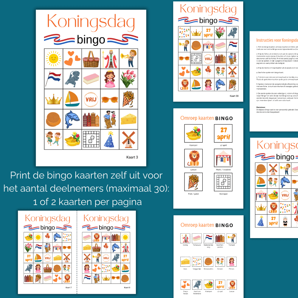 Leuke Koningsdag activiteiten voor thuis of op school of met familie en vrienden: bingo spel als PDF, tot 30 spelers