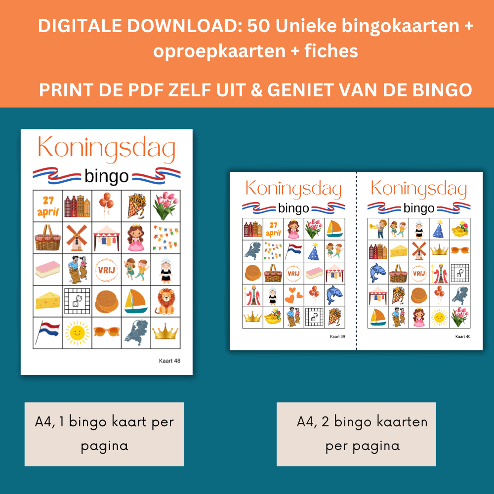 Eenvoudig thuis te printen Koningsdag spelletje bingo: Leuk spel met 50 unieke bingokaarten.