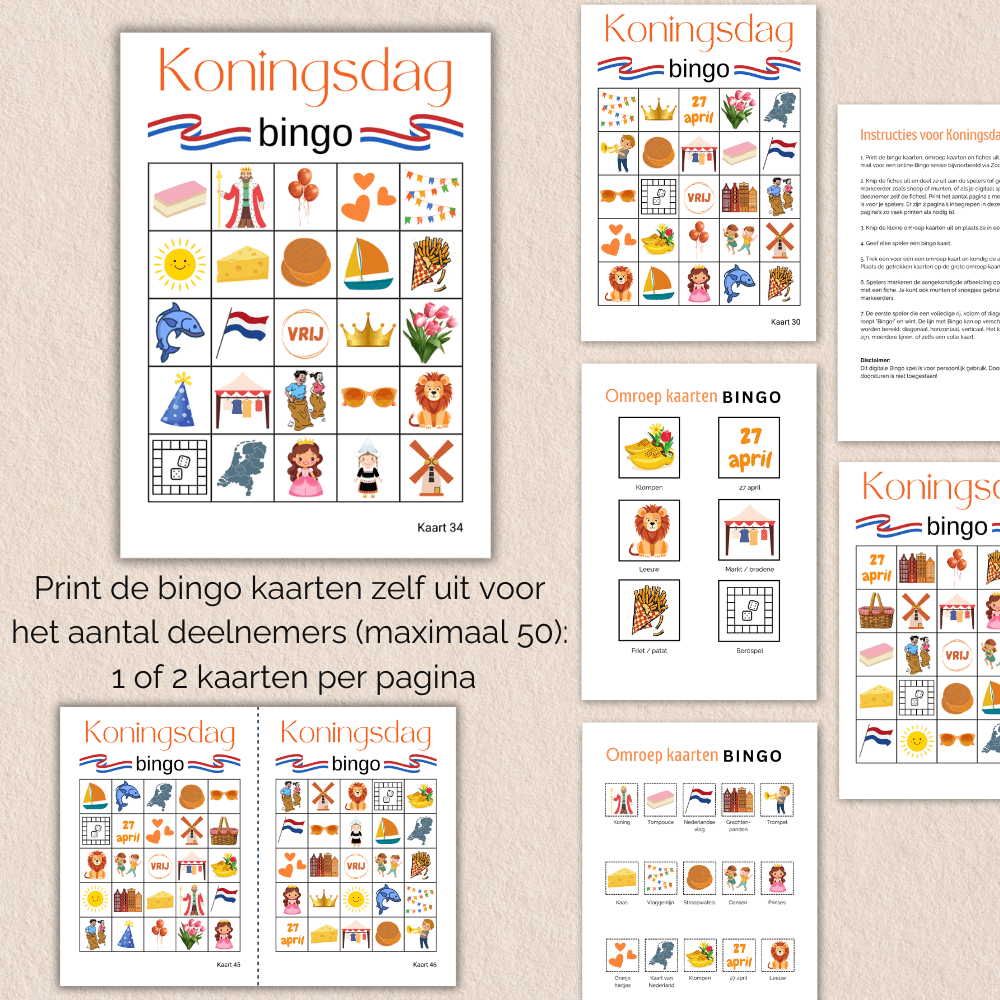 Bingo voor Koningsdag activiteiten: direct te downloaden, printen en spelen met 50 unieke kaarten.