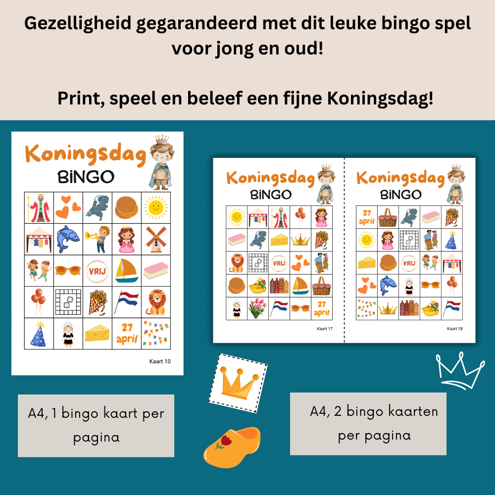 Download en speel Koningsdag Bingo, perfect voor spelletjes thuis met het gezin,