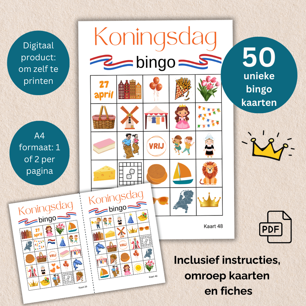 Koningsdag spelletje voor vrienden, familie, feestjes en scholen: Bingo met 50 kaarten.