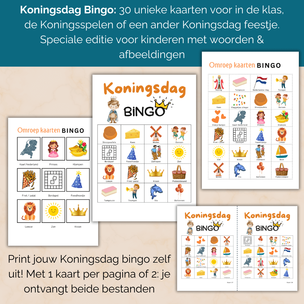 Organiseer eenvoudig een Koningsdag activiteit op school met deze uit te printen kinder bingo (30 unieke kaarten).