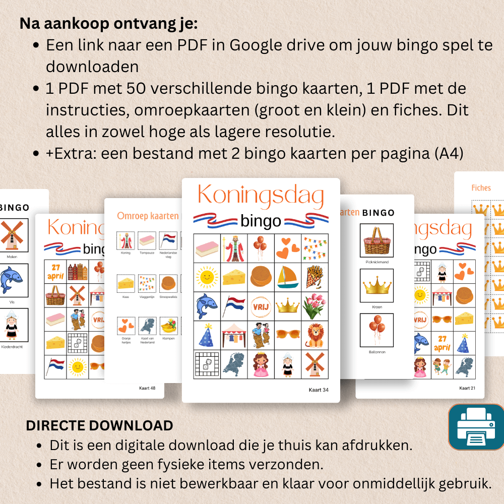 Leuk Koningsdag spelletje: Bingo met Koningsdag afbeeldingen, 50 unieke kaaren