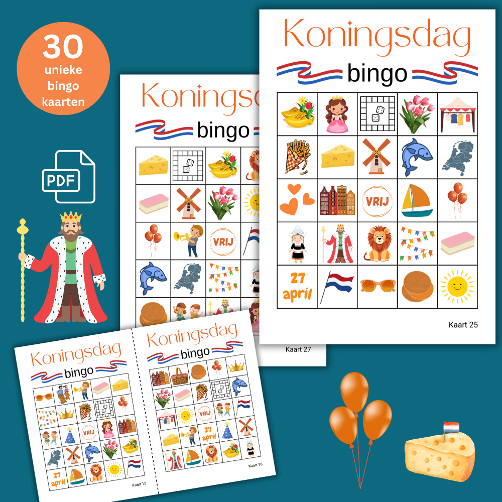 Printbare Koningsdag bingo kaarten voor een gezellige Koningsdag activiteit, 30 kaarten