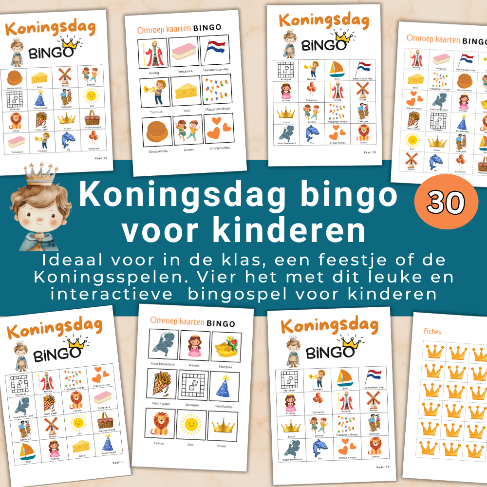Een van de leukste Koningsdag spelletjes voor basisschool kinderen, direct te printen 30 unieke kaarten.