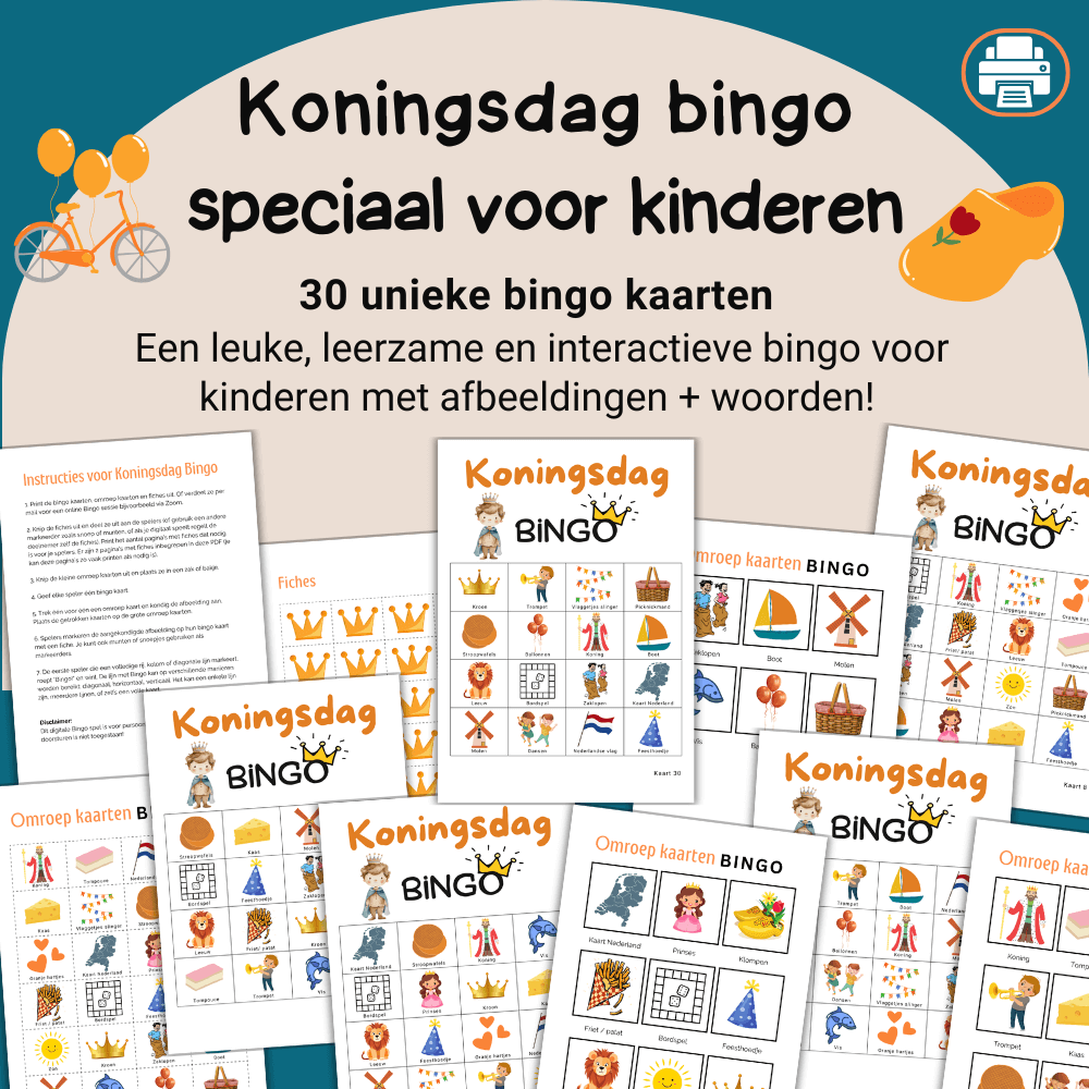 Deze Koningsdag bingo is perfect als leerzame en feestelijke activiteit voor kinderen met Koningsdag op school en thuis, 30 kaarten.