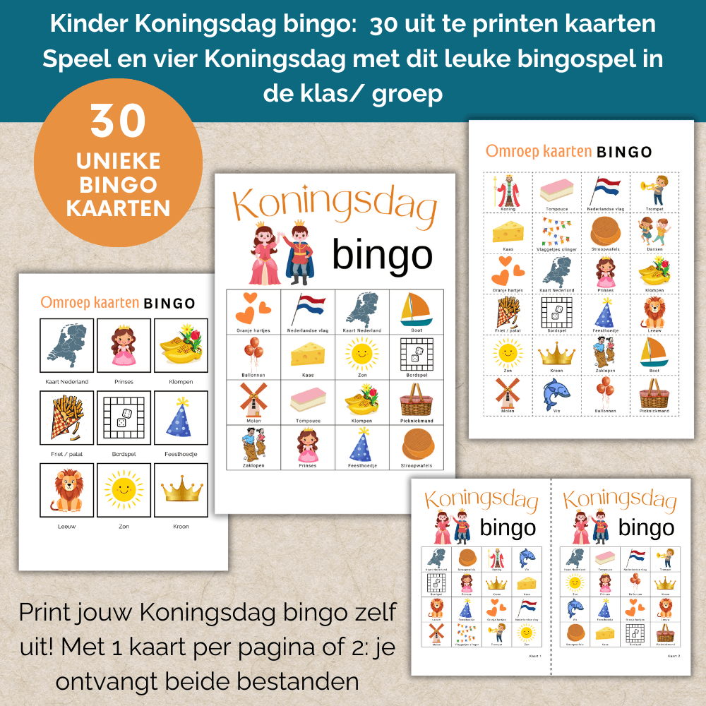 Koningsdag activiteiten basisschool, speel kinder bingo met de hele klas, 30 unieke kaarten