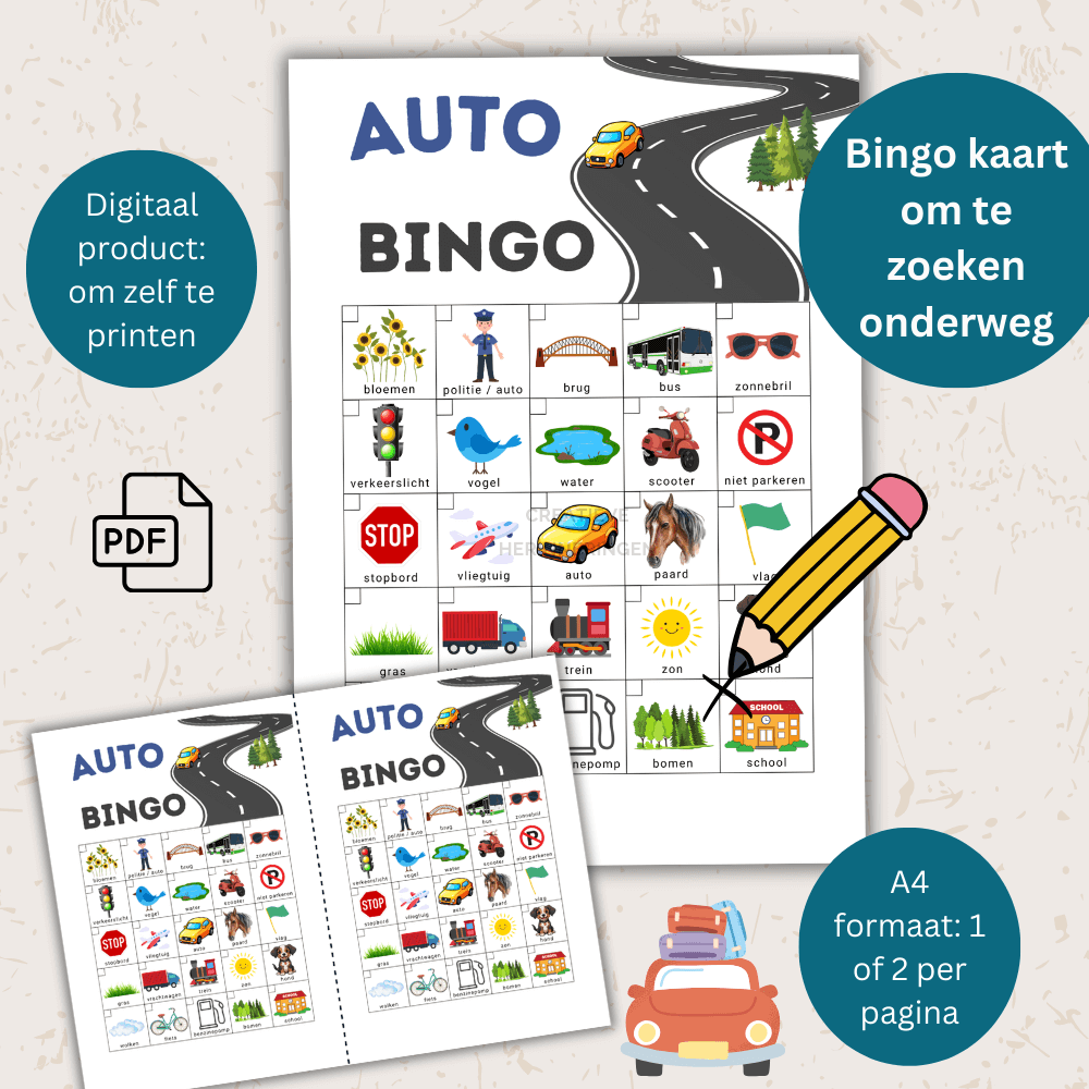 Speels auto spelletje (pdf) waarmee kinderen onderweg actief betrokken blijven en samen bingo kunnen spelen in de auto.
