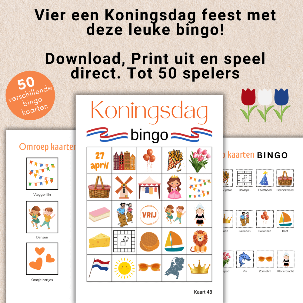 Koningsdag activiteiten: Speel een leuke bingo met 50 kaarten.