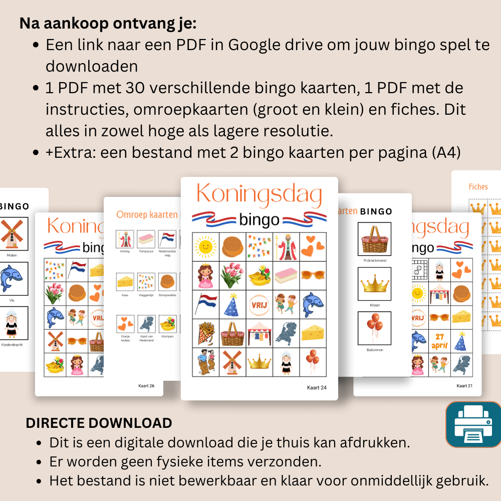 Download en speel een Koningsdag activiteiten bingo met vrienden en familie, tot 30 spelers