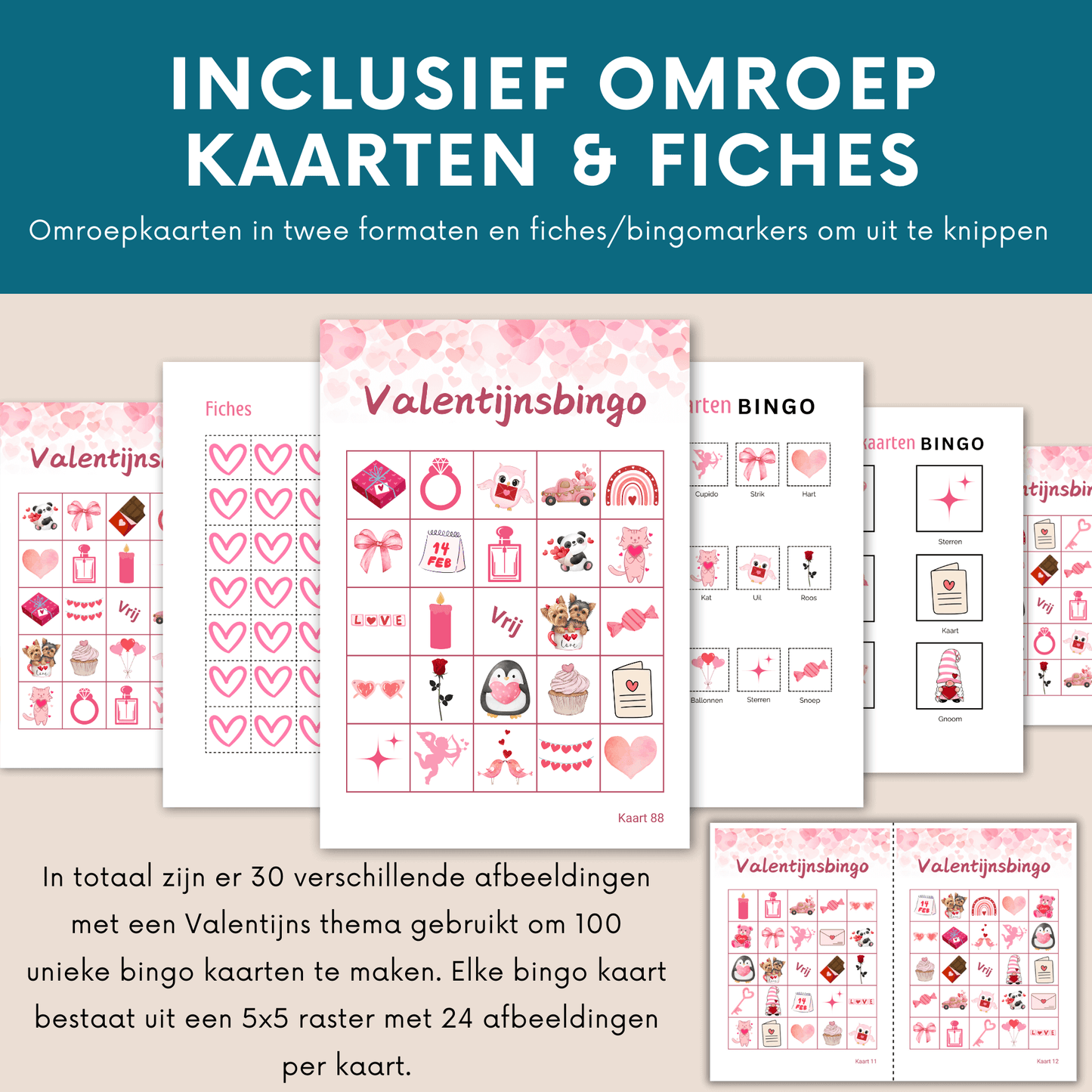 Digitale bingo voor Valentijns activiteiten: uit te printen bingo PDF voor 100 spelers