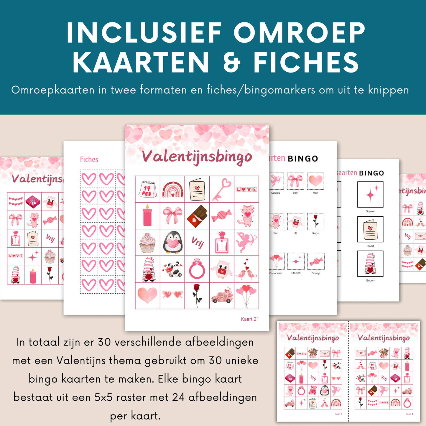 Familie bingo voor Valentijnsdag: kleurrijke kaarten met romantische plaatjes
