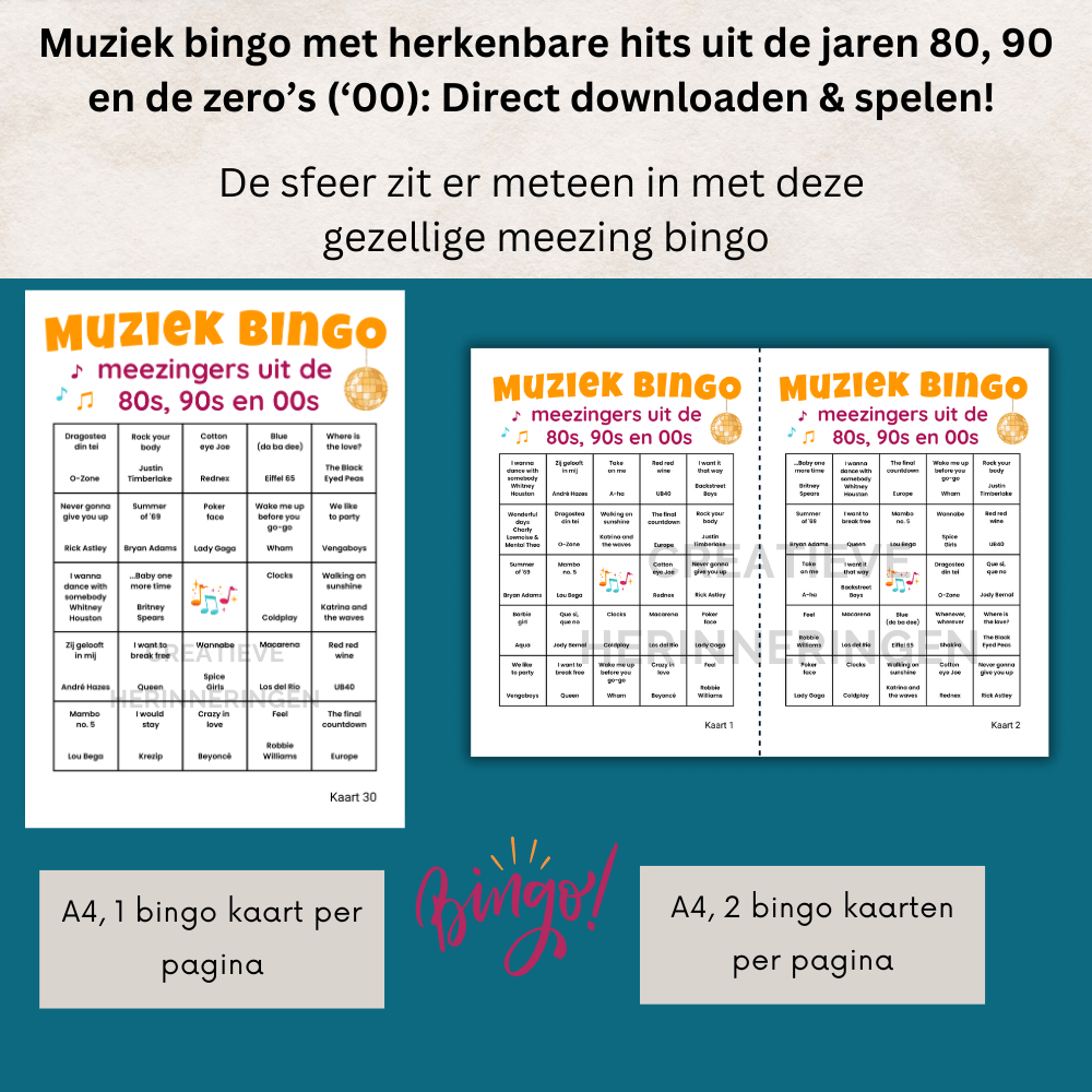 Muziek bingo met (fout)e meezingers uit de jaren 80, 90 en 00s. Voor wie houdt van herkenning en plezier.