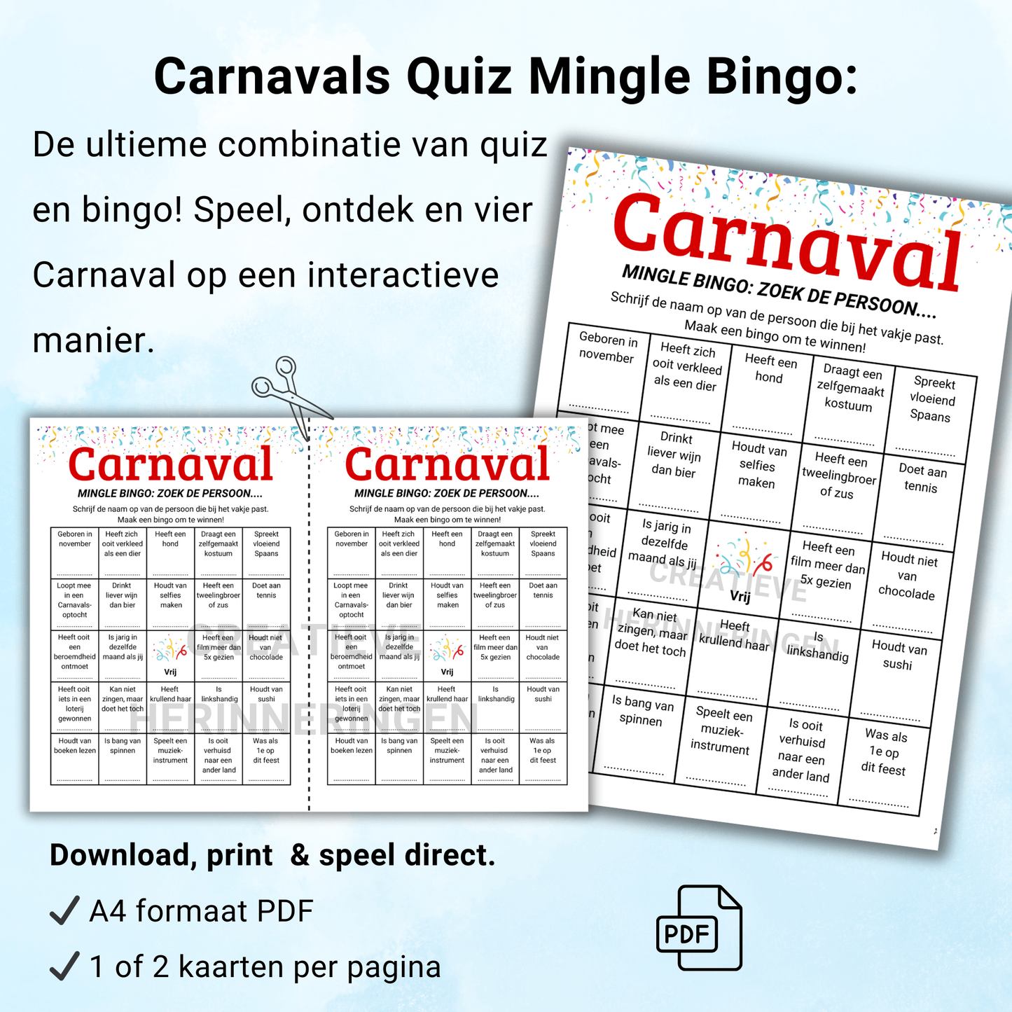 Speel de Carnavals Quiz Mingle Bingo en ontdek wie bij welk vakje hoort en leer elkaar (nog) beter kennen