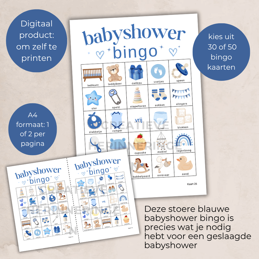 Activiteit voor babyshower in blauw jongens-thema: speel babyshower bingo