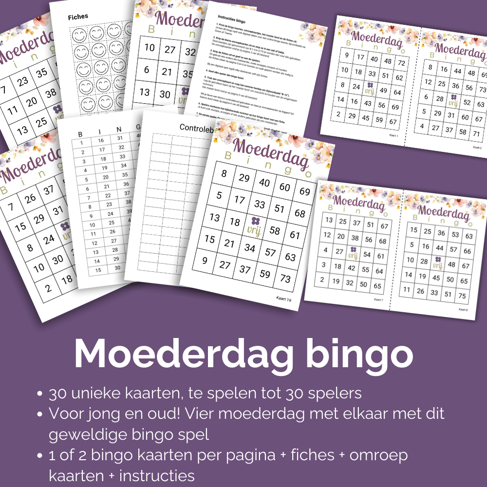 Set van 30 unieke moederdagbingo kaarten als download.