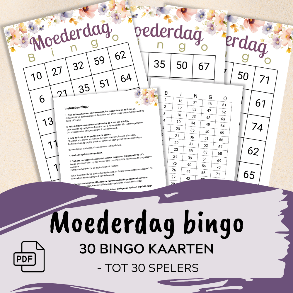 Moederdag bingo spel dat je zelf thuis kunt printen.