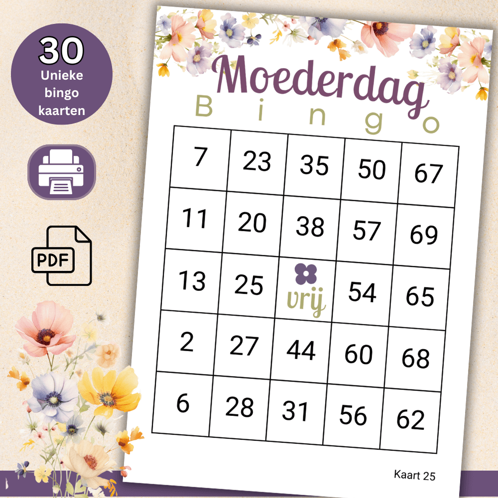 Uit te printen Moederdag bingo kaarten met bloemen in paars en roze, 30 verschillende kaarten.