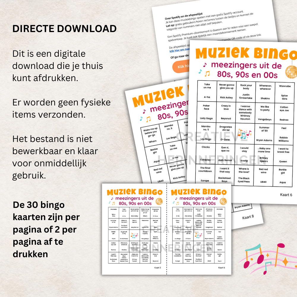 Meezing muziekbingo voor groepen. Inclusief 30 kaarten, omroepkaarten en een muzieklijst