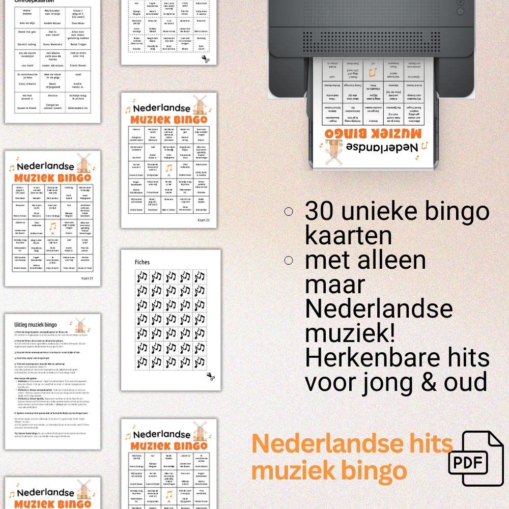 Digitale muziekbingo vol Nederlandse liedjes, eenvoudig te printen en direct te spelen (30 kaarten)