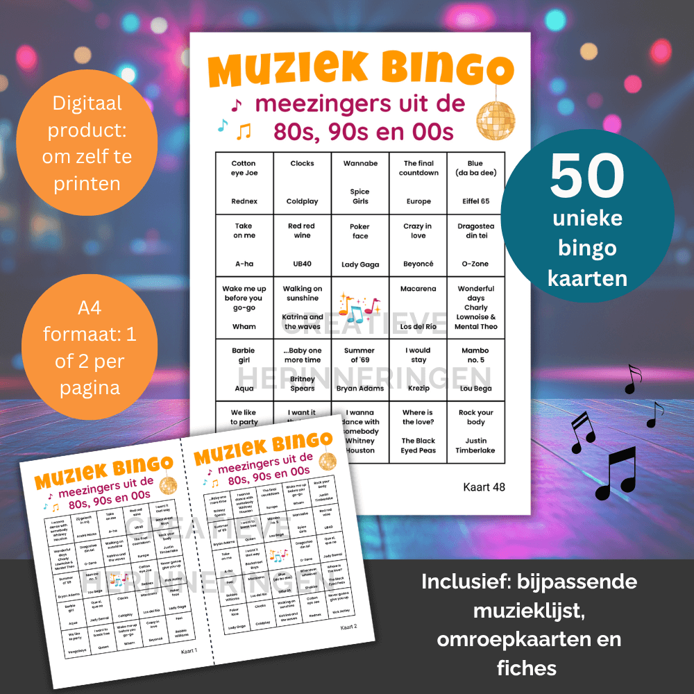 Feestelijk muziekfeest bingo spel voor volwassenen, geschikt voor teamuitjes, familie-avonden en vriendengroepen. Tot 50 spelers