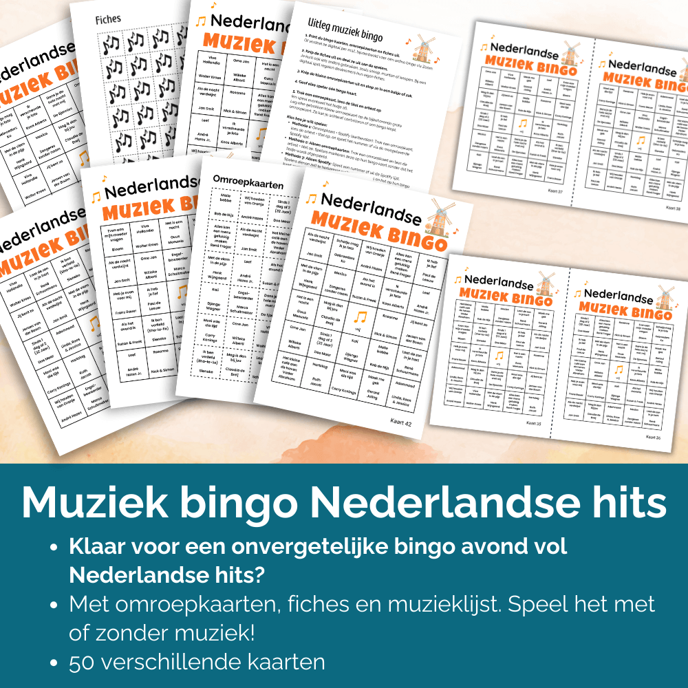 Nederlandse hits muziekbingo met af te drukken bingo kaarten voor 50 deelnemers