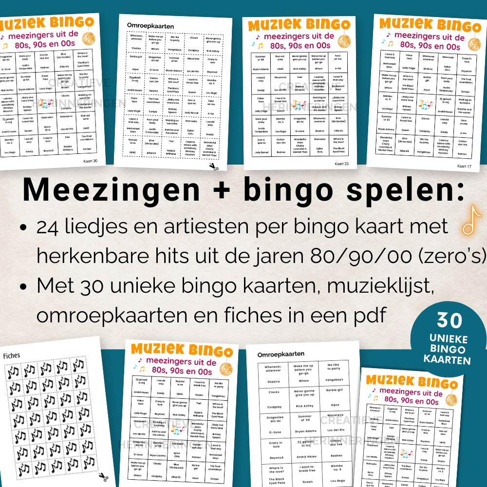 Muziekspel voor volwassenen met meezingers bingo kaarten. Makkelijk te spelen en leuk voor jong en oud.
