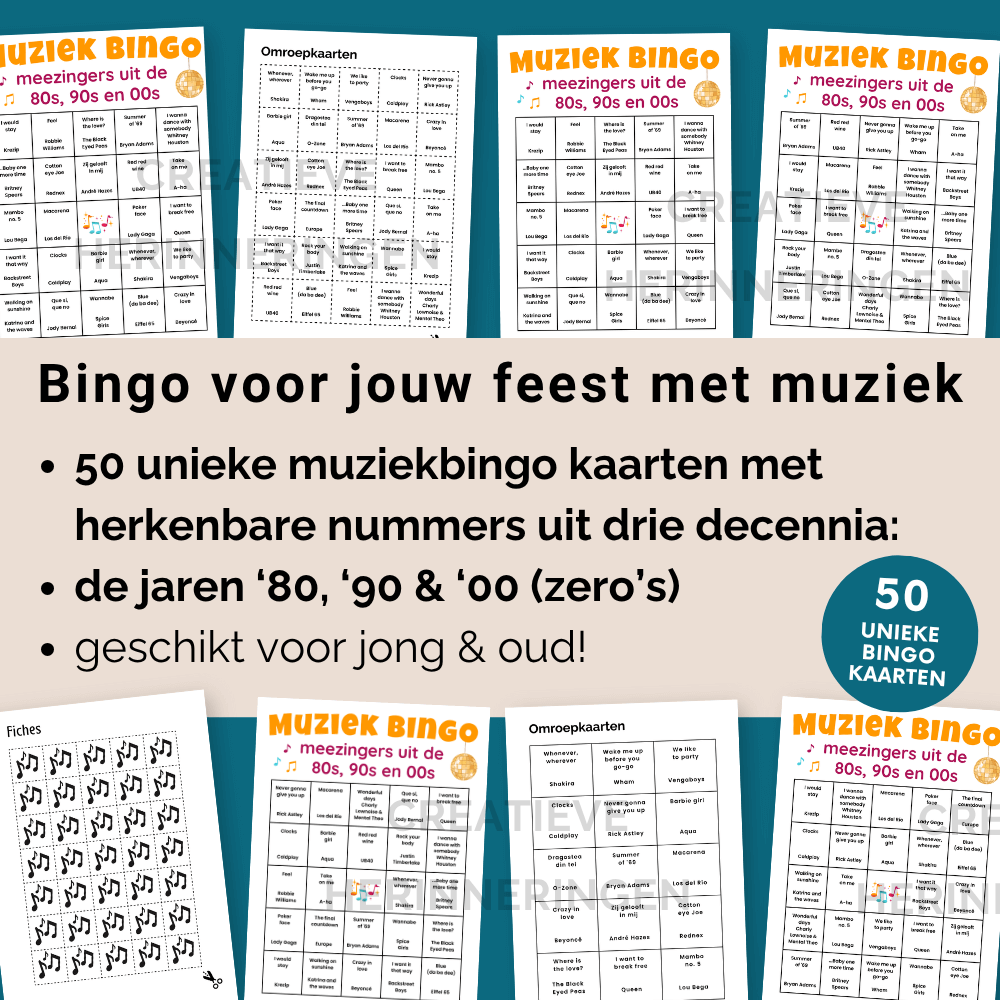 50 bingo kaarten vol liedjes en artiesten uit de jaren 80, 90 en 00. Deze feestmuziek bingo brengt sfeer en herkenning.